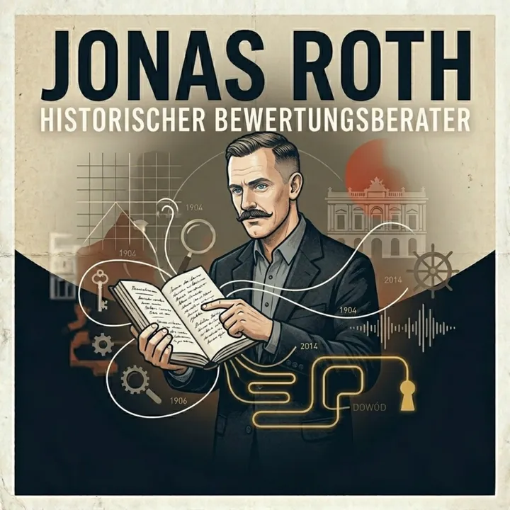 Podcast-Cover: Jonas Roth, Historischer Bewertungsberater – ein Mann mit Schnurrbart und dunklem Sakko zeigt auf eine Zeile in einem aufgeschlagenen Buch, umgeben von Jahreszahlen, einer Lupe, einem Schlüssel und einem Schlüsselloch